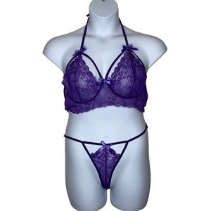 Women’s Lingerie 3XL Bra Panty Set Thong Purple Lace Cut Out Sexy